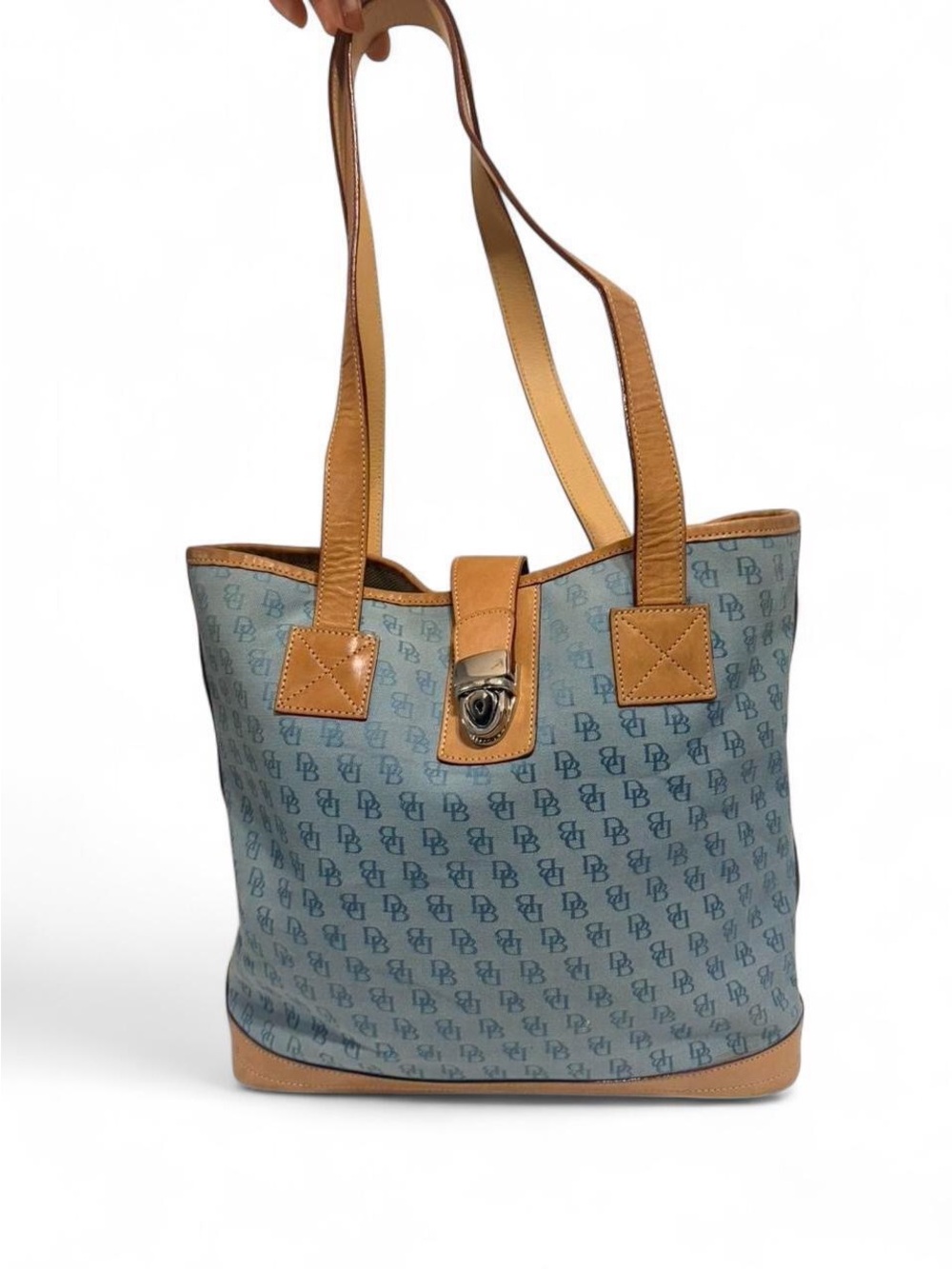 Dooney & Bourke Blue Monogram Canvas Tote with Tan Leather Trim